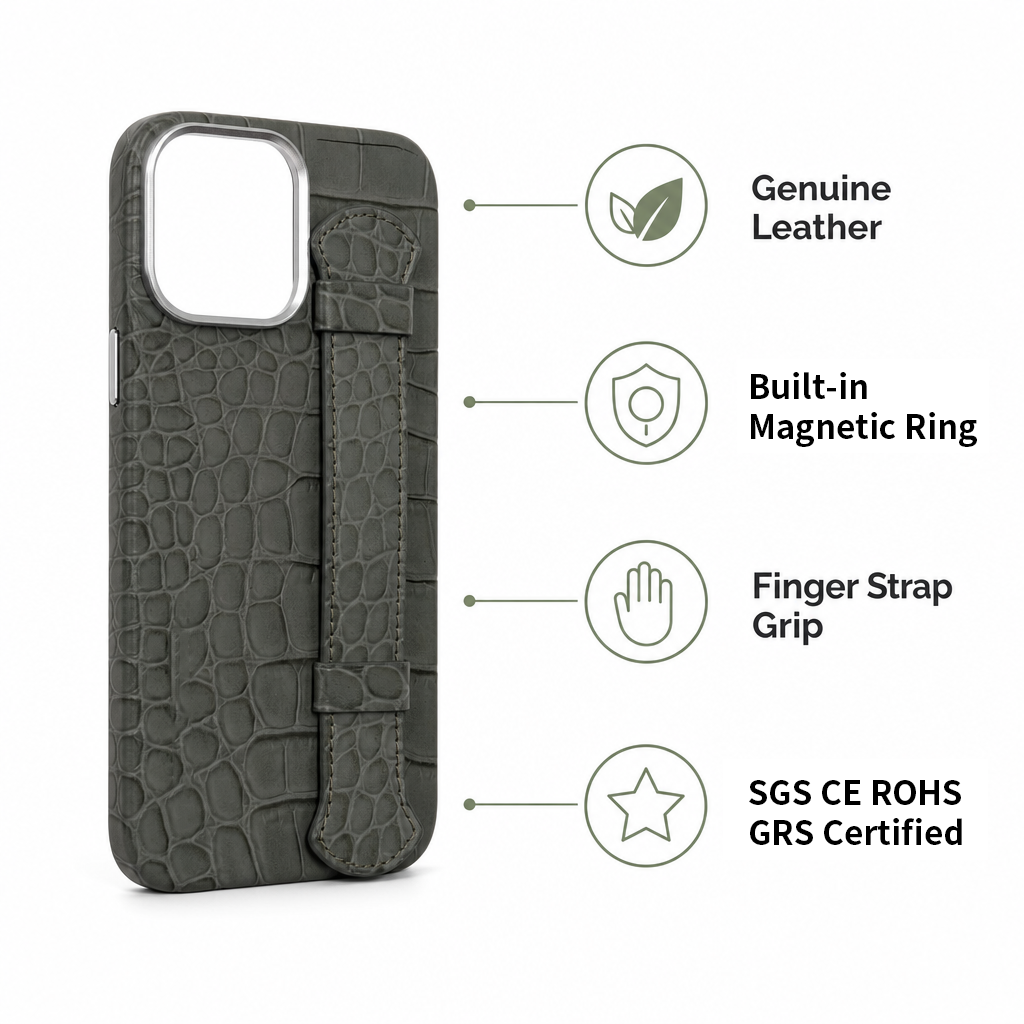 Premium Crocodile‑Embossed Full‑Grain Leather Phone Case With Finger‑Strap Grip Launched