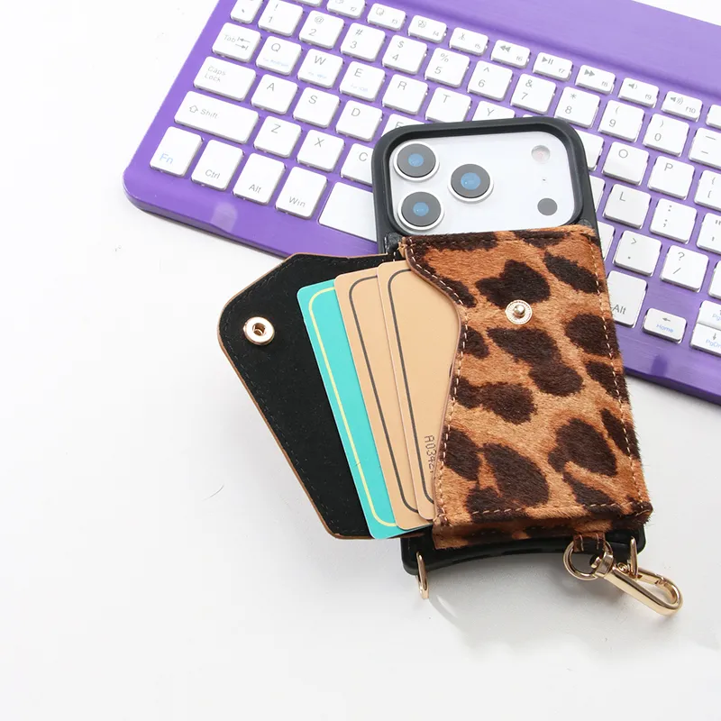 Custom Custom Leopard Print Crossbody Phone Case with Magnetic Card Holder